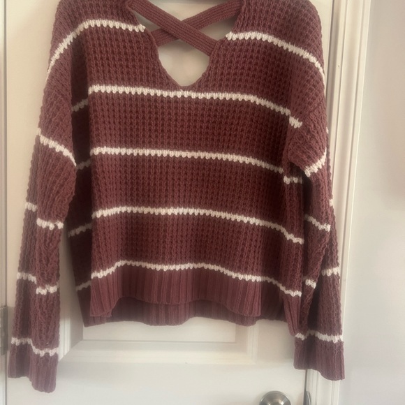 Moral Fiber Criss-Cross V-Neck Striped Sweater - Burgundy & White - Picture 5 of 7